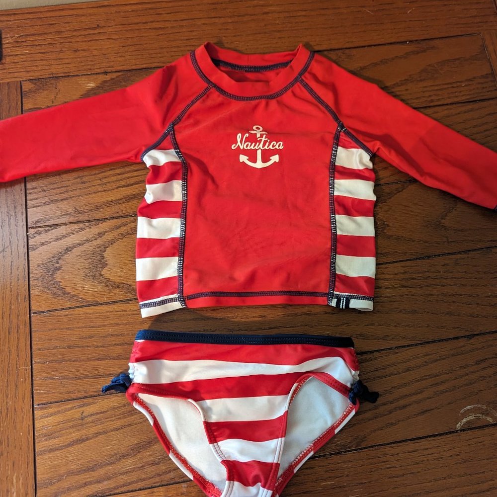 Nautica Baby Girls Nautical Anchor 2-Piece Swimsuit RWB Rash Guard sz 24 mo.